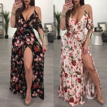 Sexy Off-shoulder Deep V-neck High Slit Hem Printed Sling Dress