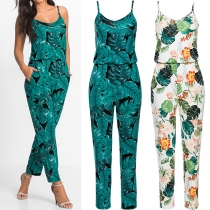 Sexig rygglös jumpsuit med V-ringning, tryckt mönster och elastisk midja