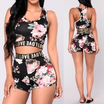 Fashion Printed Sleeveless Round Neck Tank Top + Shorts Sports Suit