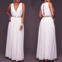 Elegant Solid Color Sleeveless V-neck High Waist Chiffon Party Dress