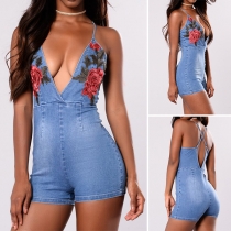 Sexy Backless Deep V-neck High Waist Embroidered Denim Sling Romper
