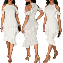Sexy Off-shoulder Round Neck Fishtail Hem Ruffle Party Dress