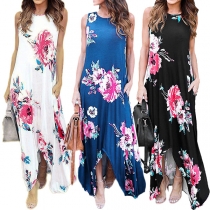 Fashion Sleeveless Round Neck Irregular Hem Printed Dress