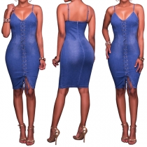 Sexy Backless V-neck Lace-up Slim Fit Sling Denim Dress