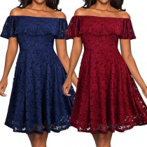 Sexy Off-shoulder Boat Neck High Waist Solid Color Lace Dress