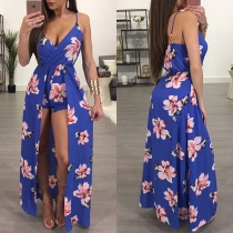 Sexy Backless Deep V-neck High Slit Hem Printed Sling Romper