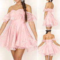 Sexy Off-shoulder Boat Neck High Waist Lace Spliced Princess Dress