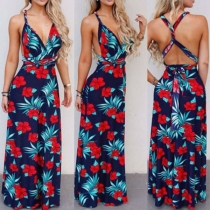 Sexy Backless Deep V-neck Printed Maxi Dress