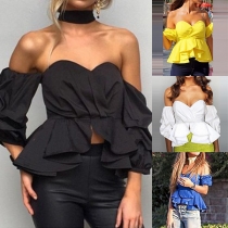 Srxy Off-shoulder Wide Neckline Ruffle Slit Hem Puff Sleeves Top