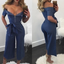 Fashion Off-shoulder Wide Neckline Front-zippered High Waist Wide-Leg Jumpsuit