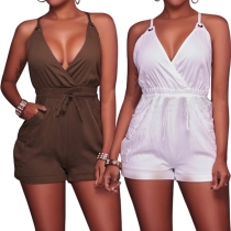 Sexy Backless Deep V-neck High Waist Solid Color Sling Romper
