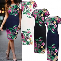 OL Style Short Sleeve Round Neck Printed Pencil Dress