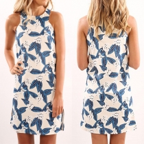 Fashion Sleeveless Round Neck Leaves Printed Dress