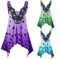 Sexy Backless V-neck Irregular Hem Butterfly Printed Sleeveless Dress