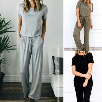 Fashion Solid Color Short Sleeve Round Neck Jumpsuit