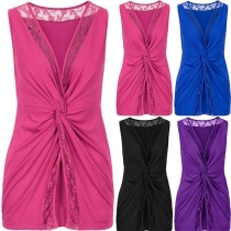 Sexy Lace Spliced Deep V-neck Twisted Sleeveless Top