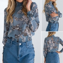 OL Style Long Sleeve Turtleneck Printed Chiffon Blouse