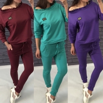 Fashion Solid Color Long Sleeve Ruffle Collar Sweatshirt + Pants Sports Suit