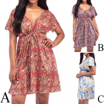 Sexy Backless V-neck Short Sleeve High Waist Printed Dress