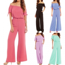 Sexy Off-shoulder Boat Neck Elastic Waist Solid Color Wide-leg Jumpsuit