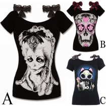 Punk Style 3D Printed Short Sleeve Round Neck Bowknot T-shirt