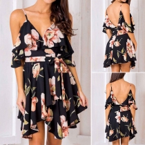 Sexy Backless Deep V-neck Irregular Hem Printed Sling Dress
