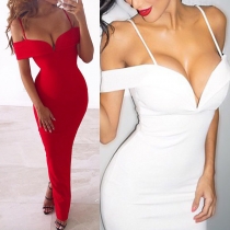 Sexy Off-shoulder Deep V-neck Solid Color Sling Party Dress