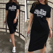 Fashion Letters Printed Short Sleeve Round Neck Slit Hem T-shirt Dress