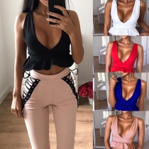 Sexy Backless Deep V-neck Ruffle Hem Sleeveless Crop Top