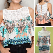 Sexy Off-shoulder Round Neck Lace Spliced Printed Top