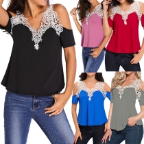 Sexy Off-shoulder V-neck Lace Spliced Loose Top