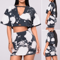 Sexy Short Sleeve V-neck Crop Top + High Waist Skirt Printed Two-piece Set