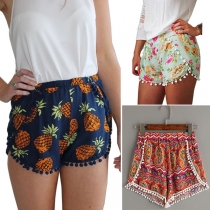 Fashion Elastic Waist Hairball Spliced Printed Beach Shorts