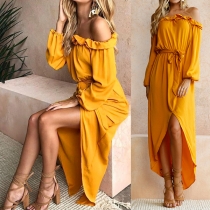 Sexy Off-shoulder Boat Neck Slit Hem Long Sleeve Solid Color Dress