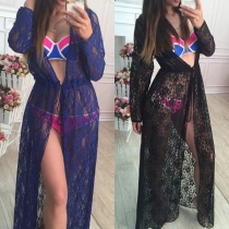 Sexy Solid Color Long Sleeve See-through Lace Cardigan