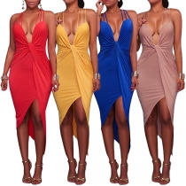 Sexy Backless Deep V-neck Irregular Hem Solid Color Sling Party Dress