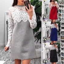Fashion Lace Spliced Long Sleeve Round Neck Dress