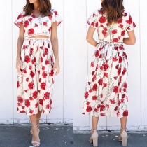 Fashion Short Sleeve V-neck Crop Top + High Waist Wide-leg Pants Printed Two-piece Set