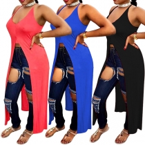 Sexy Deep V-neck Slit Hem Solid Color Top
