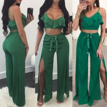 Sexy Backless V-neck Ruffle Cami Top + Slit Pants Length Pants Two-piece Set