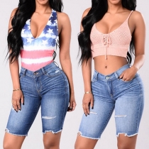 Fashion High Waist Slim Fit Ripped Denim Knee Shorts