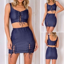 Sexy Backless Lace-up Sleeveless Crop Top + High Waist Skirt Two-piece Set