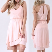Fashion Solid Color V-neck Irregular Hem Sling Chiffon Dress