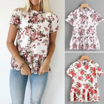 Fashion Short Sleeve Round Neck Ruffle Hem Printed Top
