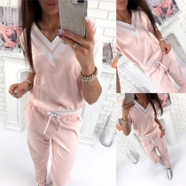 Fashion Contrast Color Long Sleeve V-neck Sweatshirt + Pants Sports Suit