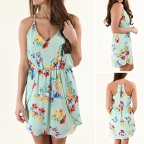 Fresh Style V-neck Irregular Hem Printed Sling Dress
