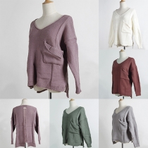 Fashion Solid Color Long Sleeve V-neck High-low Hem Sweater