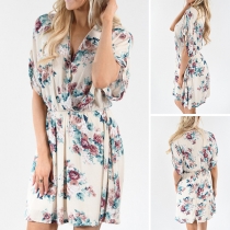 Sexy Deep V-neck Short Sleeve Elastic Waist Printed Dress