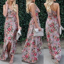 Sexy Backless V-neck High Slit Hem Printed Sling Dress