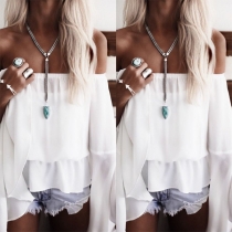 Sexy Off-shoulder Boat Neck Trumpet Sleeve Solid Color Chiffon Top